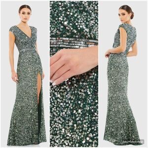 Mac Duggal 5489  Womens Green Cap SLEEVE SEQUINED HIGH SLIT GOWN